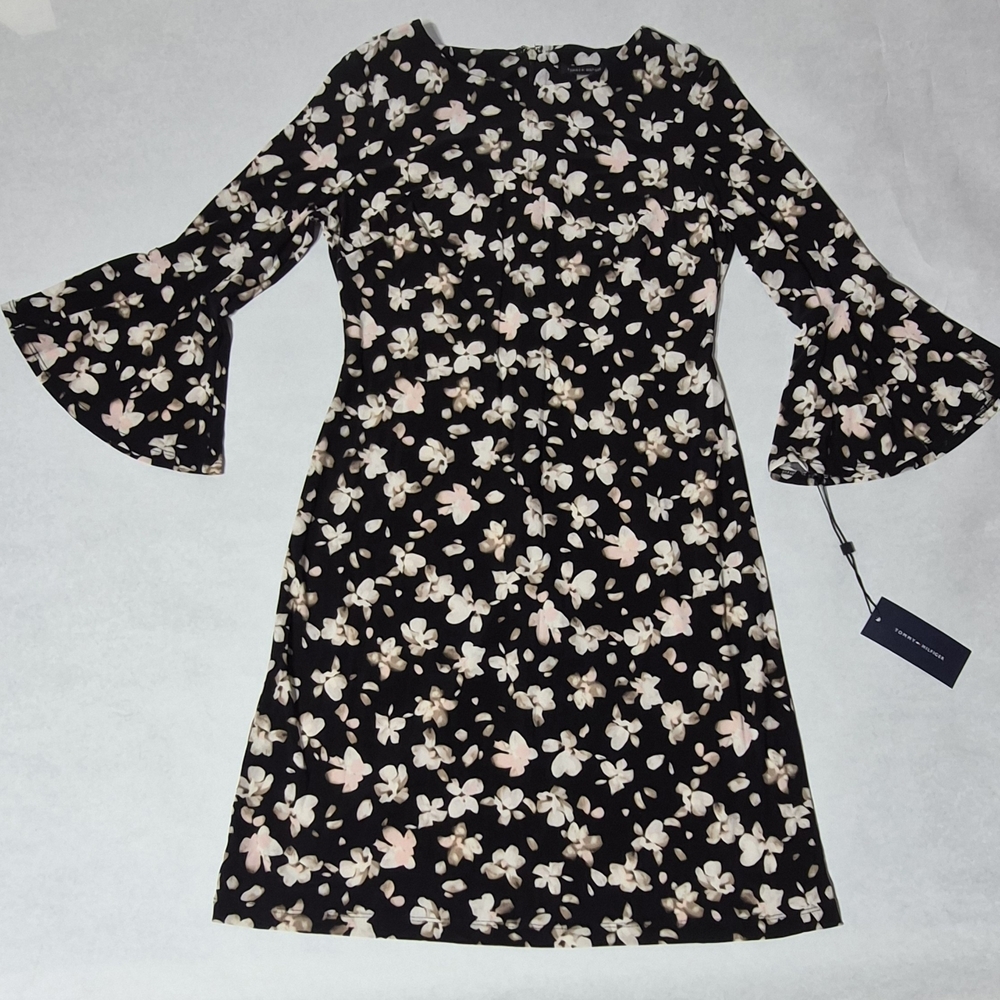 Tommy Hilfiger Black White Floral Shift Dress Womens Bell Sleeve 3/4 Size 2